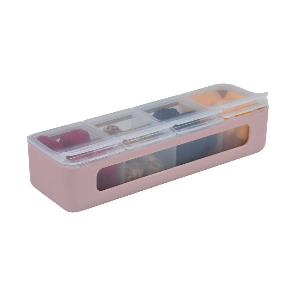 Pink pencil holder with transparent lid on a white background
