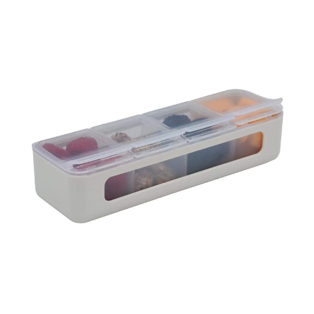 Rectangular plastic container with compartments on a white background