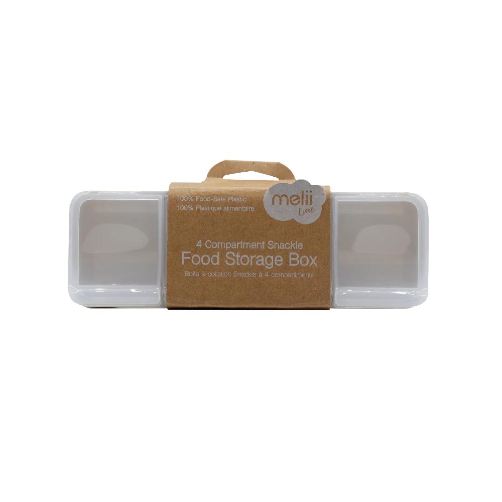 4-compartment Melii snackable food storage box with brown packaging on a white background