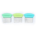 Three stainless steel food slicers with different colored handles on a white backgroundbackground