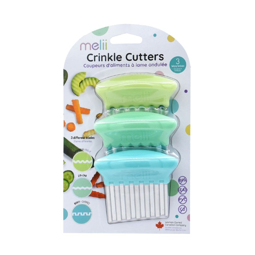 Packaging of melié crinkle cutters with green, blue, and white blades on a white background.