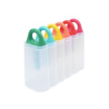 Set of colorful ice cube trays with handles on a white background