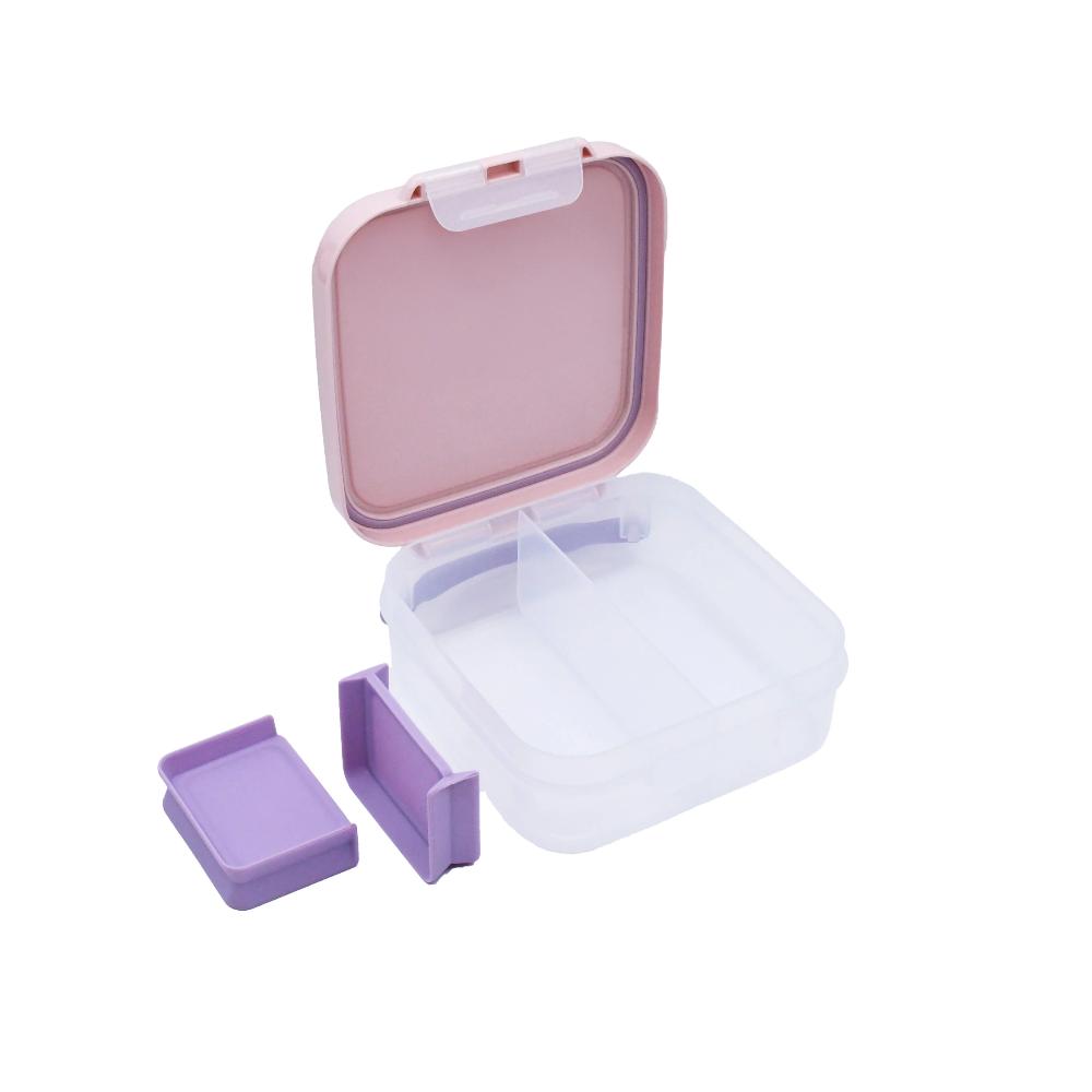 Purple and clear plastic container with lid on a white background