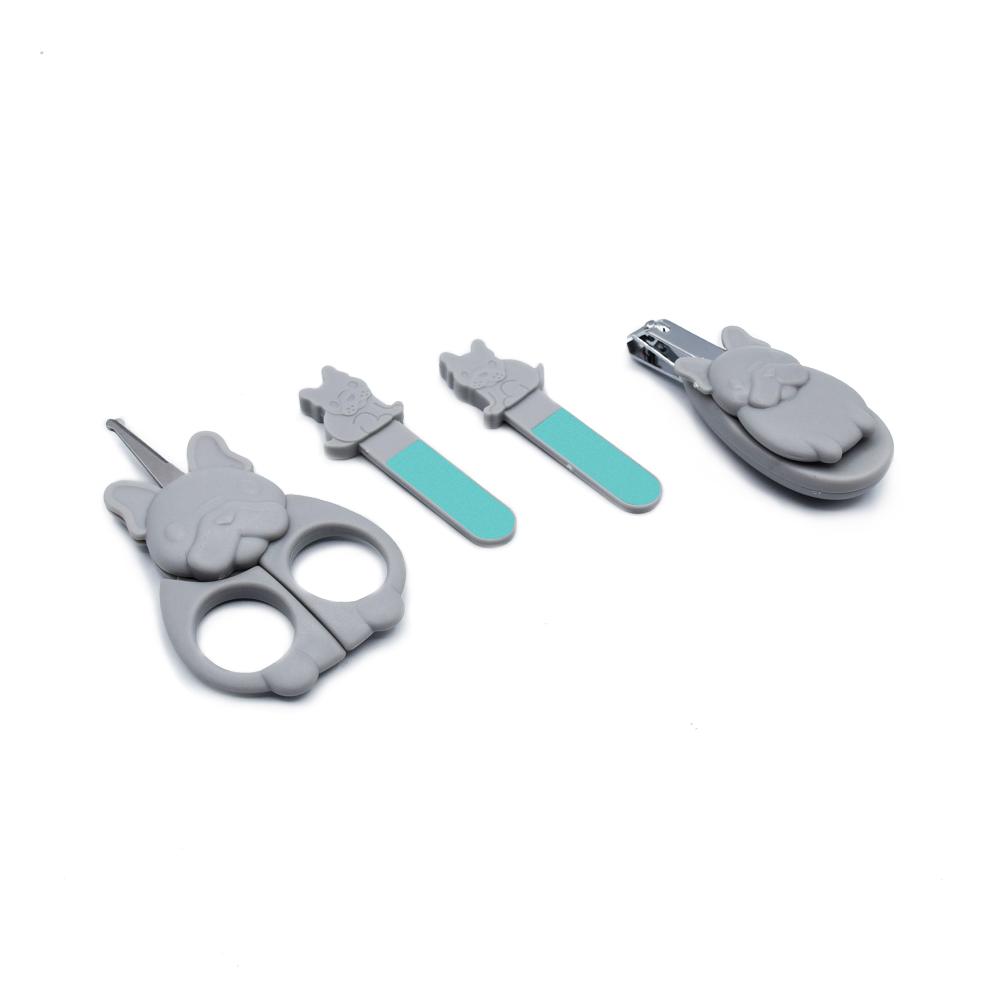 Set of gray baby nail clippers with a white background