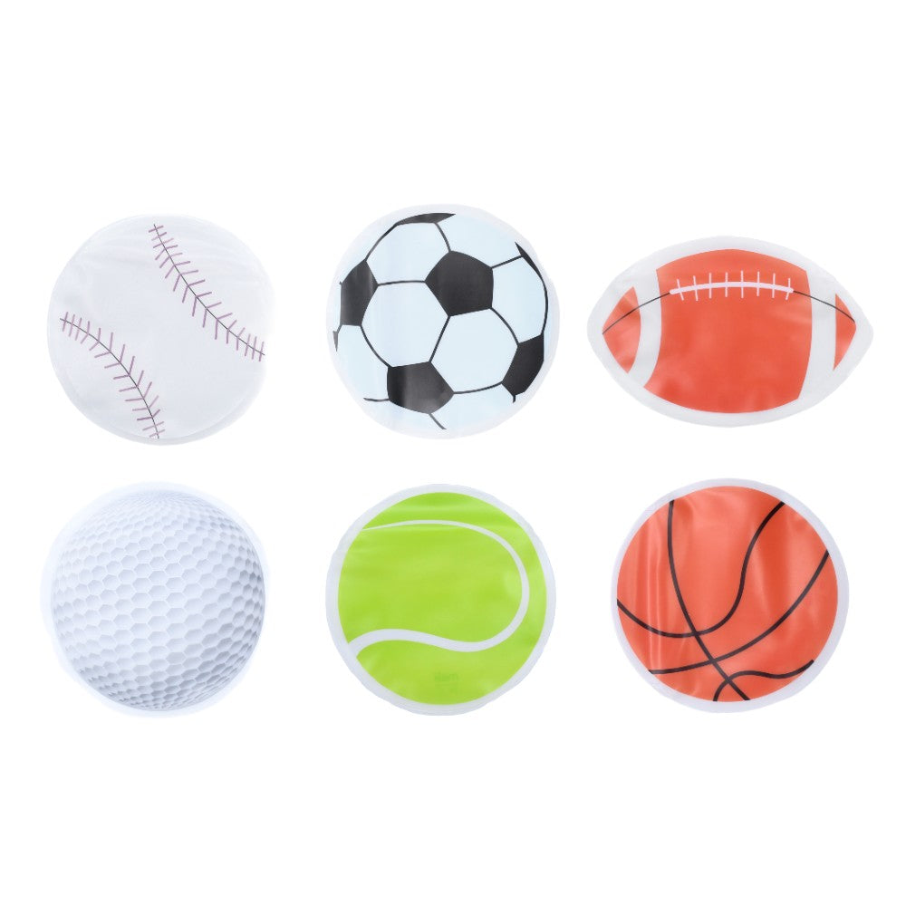 Set of six sports reusable snack bags on a white background