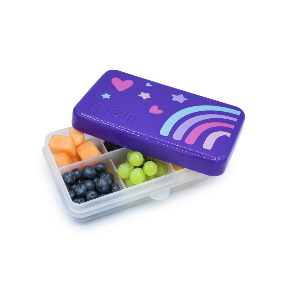 Purple children's snack box with fruit compartments on a white background