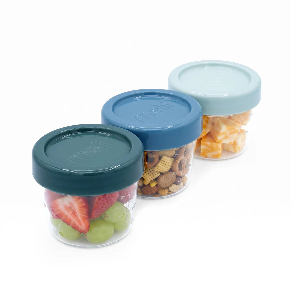 Snack Container 3pk - Cactus Fern/Slate/Seafoam with snack inside, on a white background. 