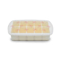An Ivory colour freezer tray with a lid on. The lid has pink bows. Featured on a white background. 