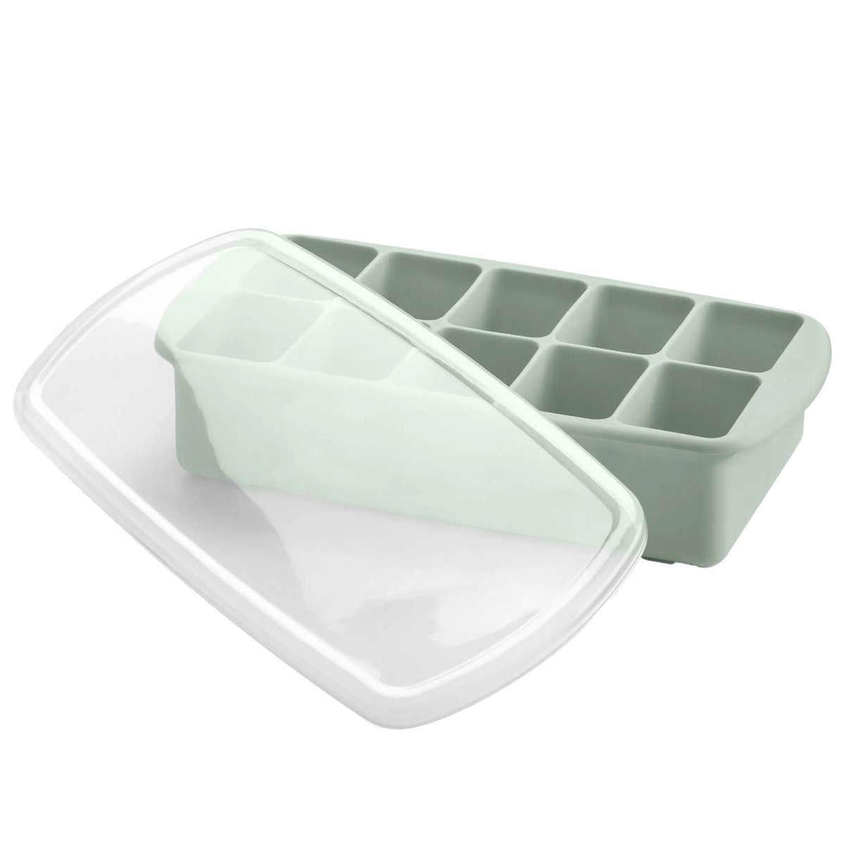 Sage silicone freezer tray wit lid, on a white backhground. 