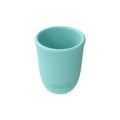 Turquoise silicone cup with 'mali' branding on a white background