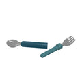 Teal-handled fork and spoon on a white background