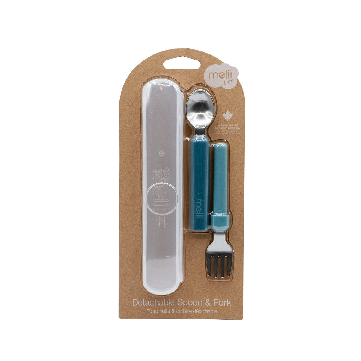 Packaged set of detachable spoon and fork with a brown cardboard sleeve on a white background