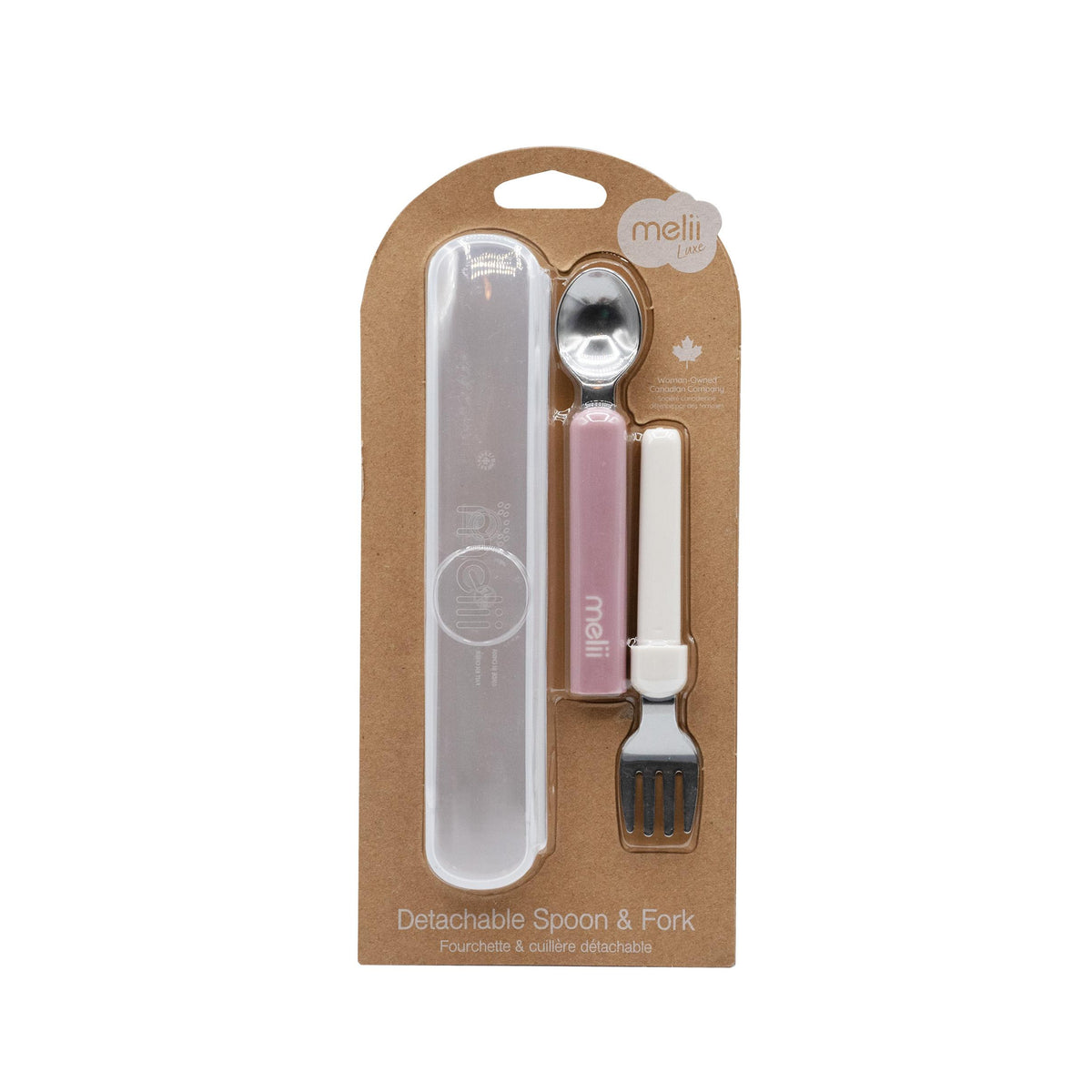 Packaged set of detachable spoon and fork with pink handle on a white background