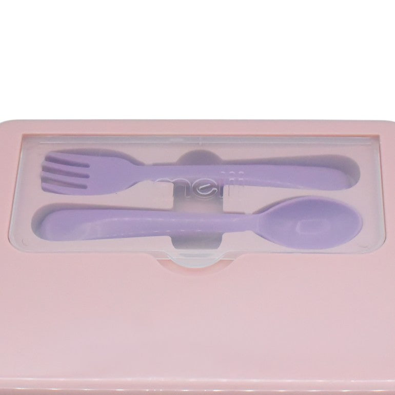 Purple fork and spoon set in a clear plastic case on a pink background