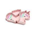 Pink unicorn-shaped silicone divided plate with a white background
