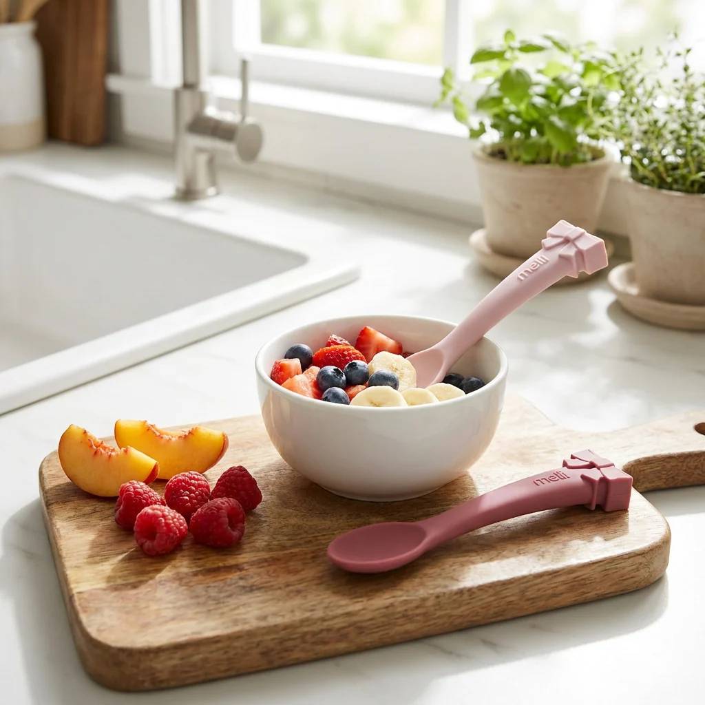 A bowl of fruit with 2 bow themed silicone spoons. 