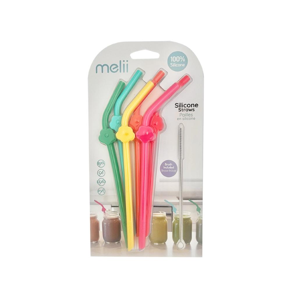 Packaged silicone straws in green, yellow, and pink with 'mellii' branding on a white background.