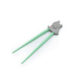 Green children's learning chopsticks with a gray panda-shaped holder on a white background