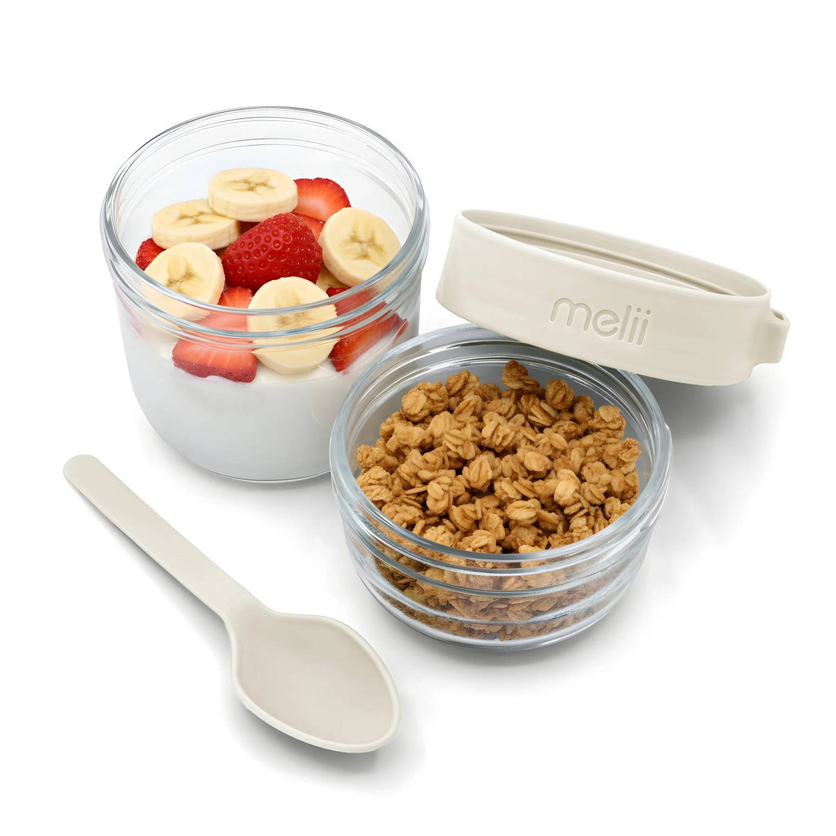 Glass Yoghurt Container with Spoon - Ivory with yoghurt, strawberies and bananas on one side and granola on the other. 