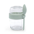 Glass Yoghurt Container with Spoon - Sage, on a white background. 
