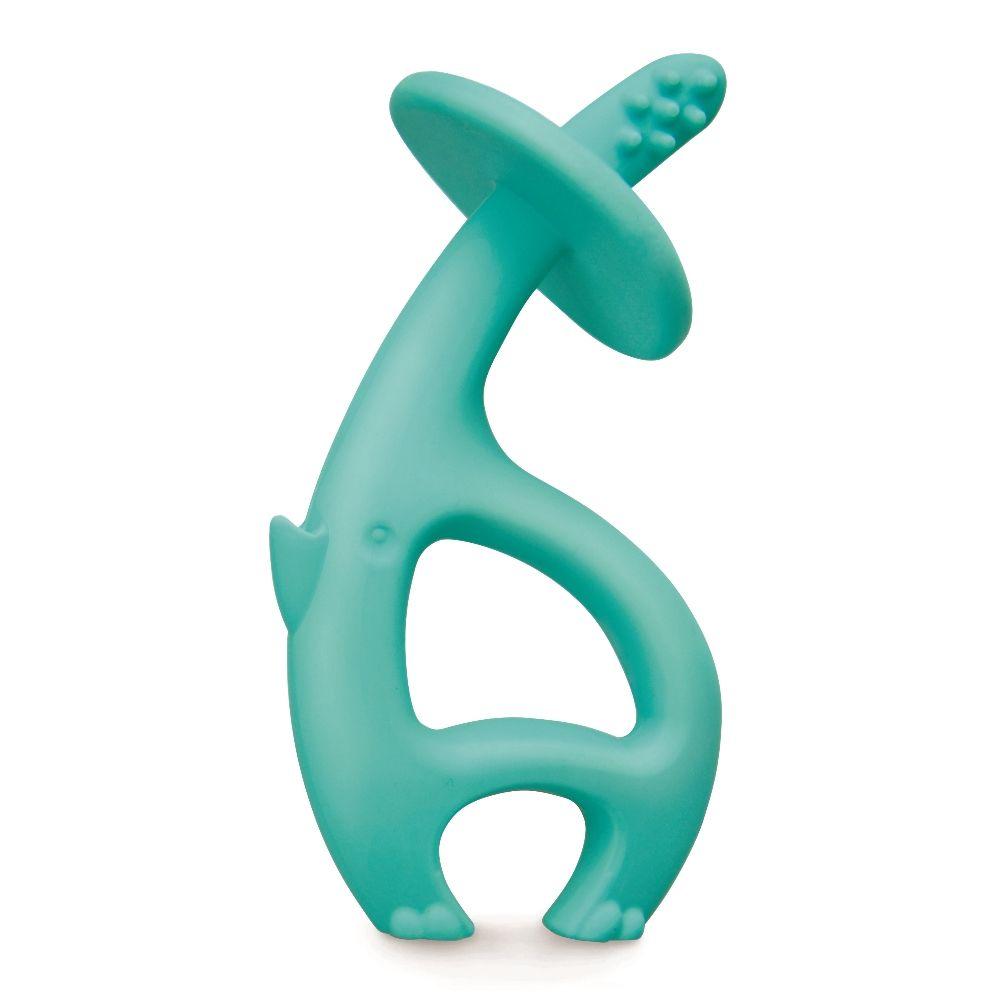 Teal silicone teether on a white background