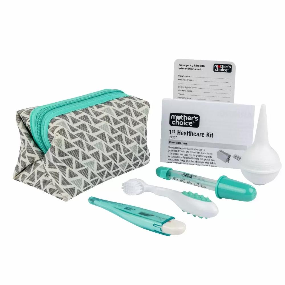 Mother's Choice 1st Healthcare Kit travel set including a gray and white patterned zippered pouch with teal zipper, a thermometer, a small brush, a nasal aspirator, and an instruction card on a white background.