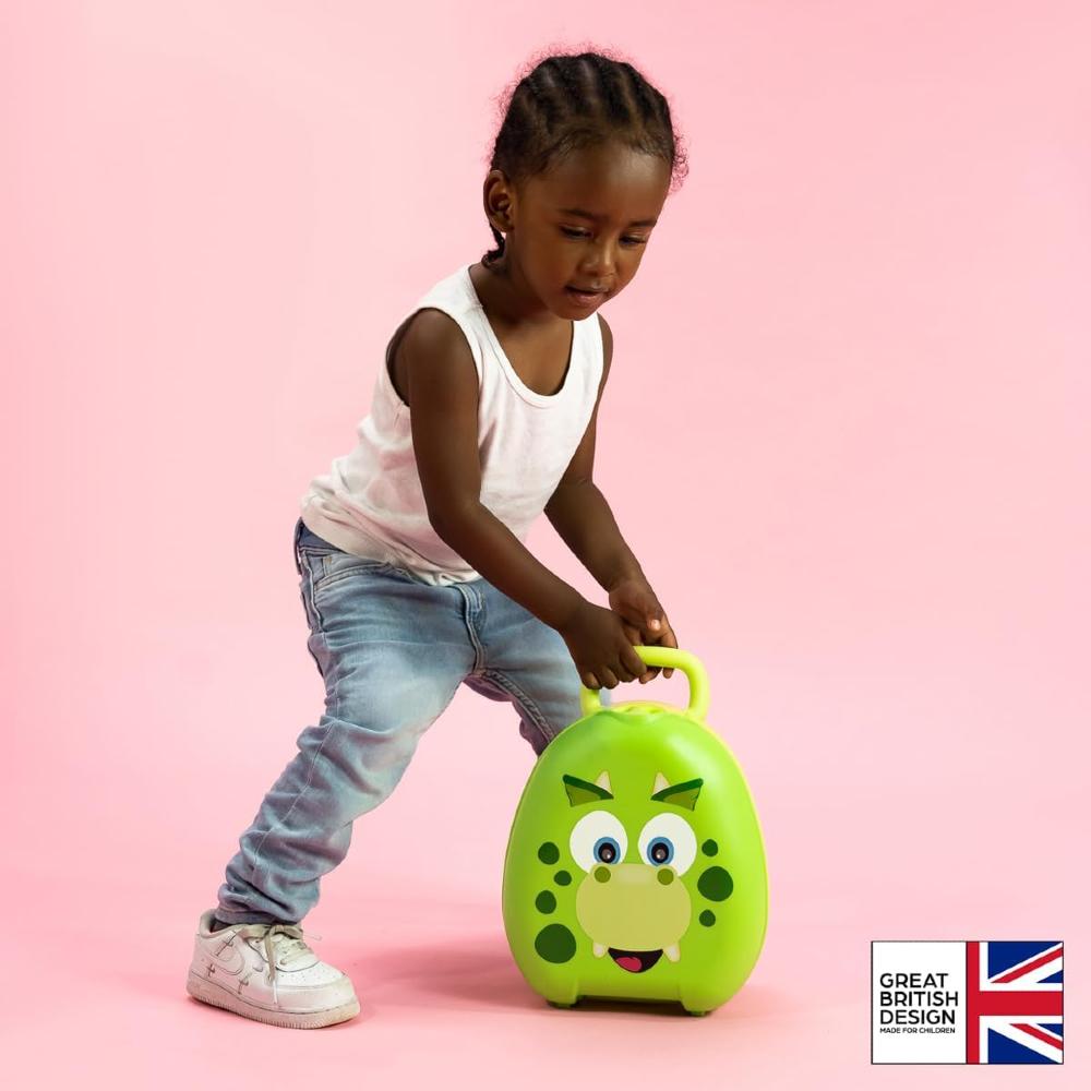 Child holding My Carry Potty against white background.