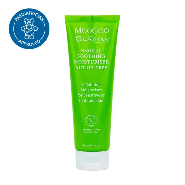 Moogoo natural soothing moisturiser nut oil free in green and white tube against a white background