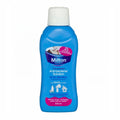 Blue Milton anti-bacterial solution bottle against white background.