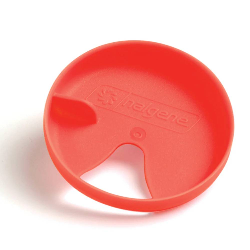 A red silicone lid insert for a travel water bottle, featuring the embossed brand name 'nalgene' and a cutout design, shown on a white background.