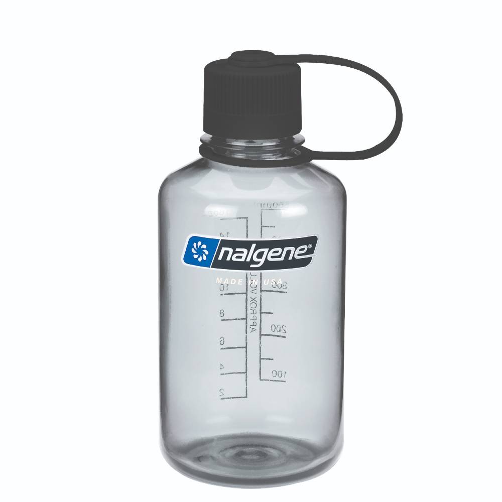 A clear plastic Nalgene water bottle with a black screw cap and carrying loop, featuring printed measurement markings and the blue Nalgene logo on the front, set against a plain white background.