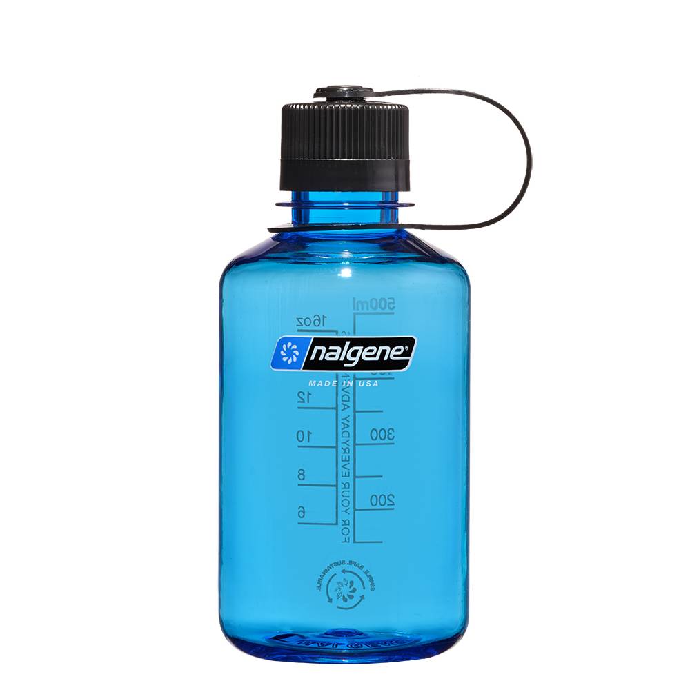 A translucent blue Nalgene water bottle with a black screw cap and carrying loop, shown on a plain white background.