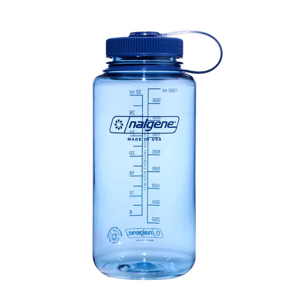 A translucent light blue Nalgene water bottle with a dark blue screw cap and carrying loop, shown on a plain white background.