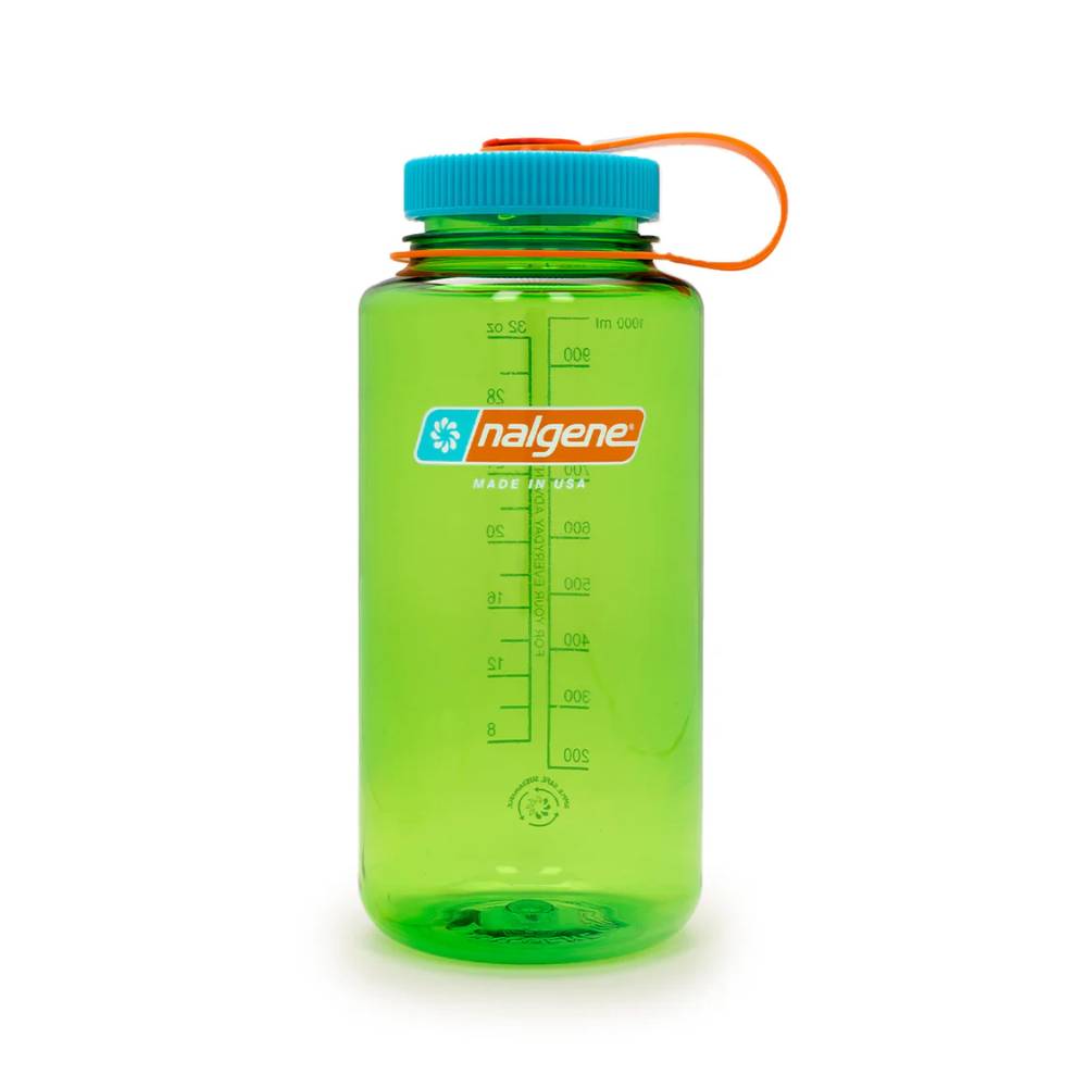 A translucent green Nalgene water bottle with a blue cap, an orange carrying loop, and a printed Nalgene logo on the front, set against a plain white background.