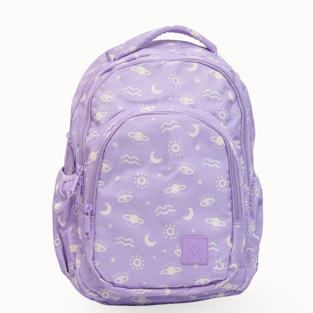 purple with space icons Montiico large kids backpack