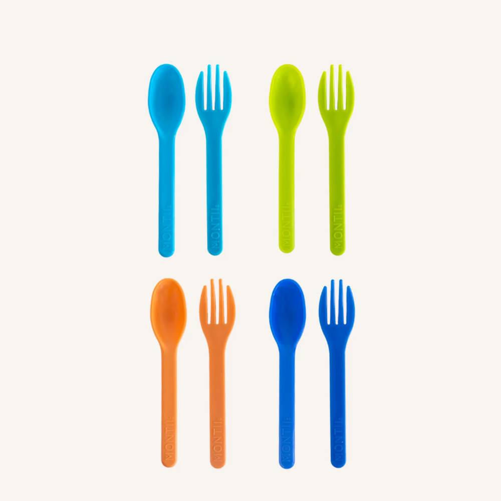 blue green and orange reuseable plastic Montiico fork and spoon set