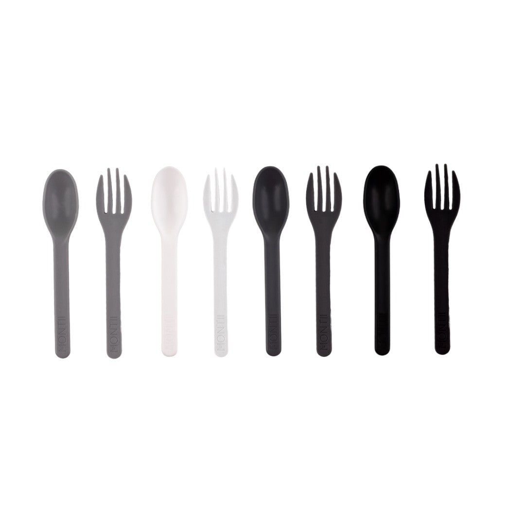 black grey and white reuseable plastic Montiico fork and spoon set