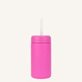 A calypso pink smoothie cup with a silicone straw. 