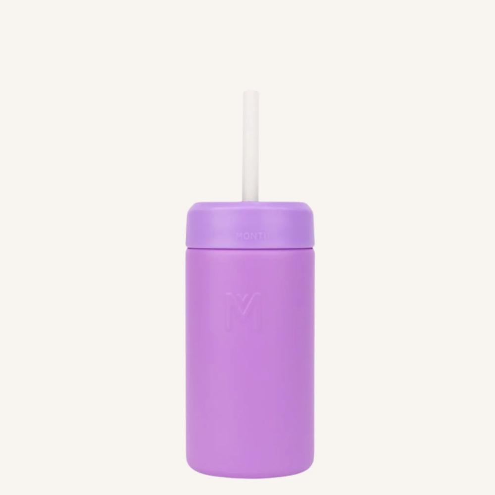 A dusk purple smoothie cup with a silicone straw. 