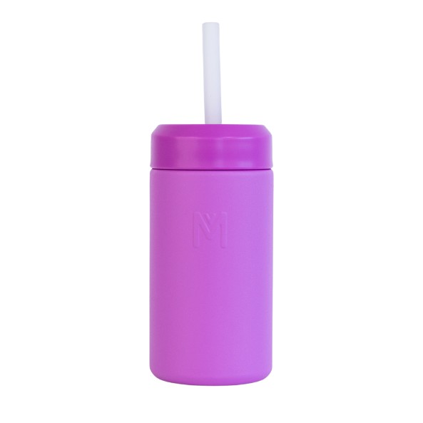A fuchsia smoothie cup with silicone straw on a white background. 
