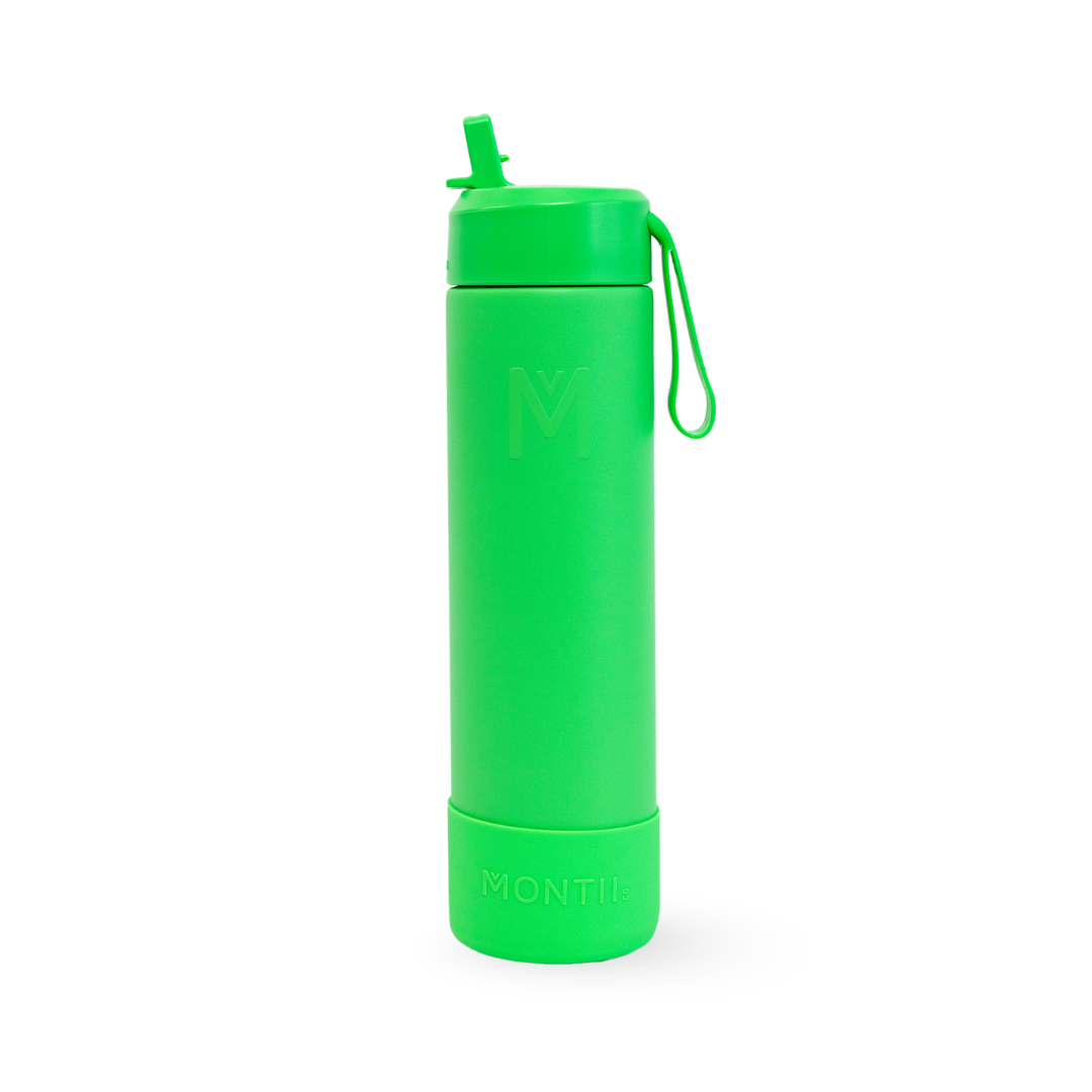 Green water bottle with a straw on a white background