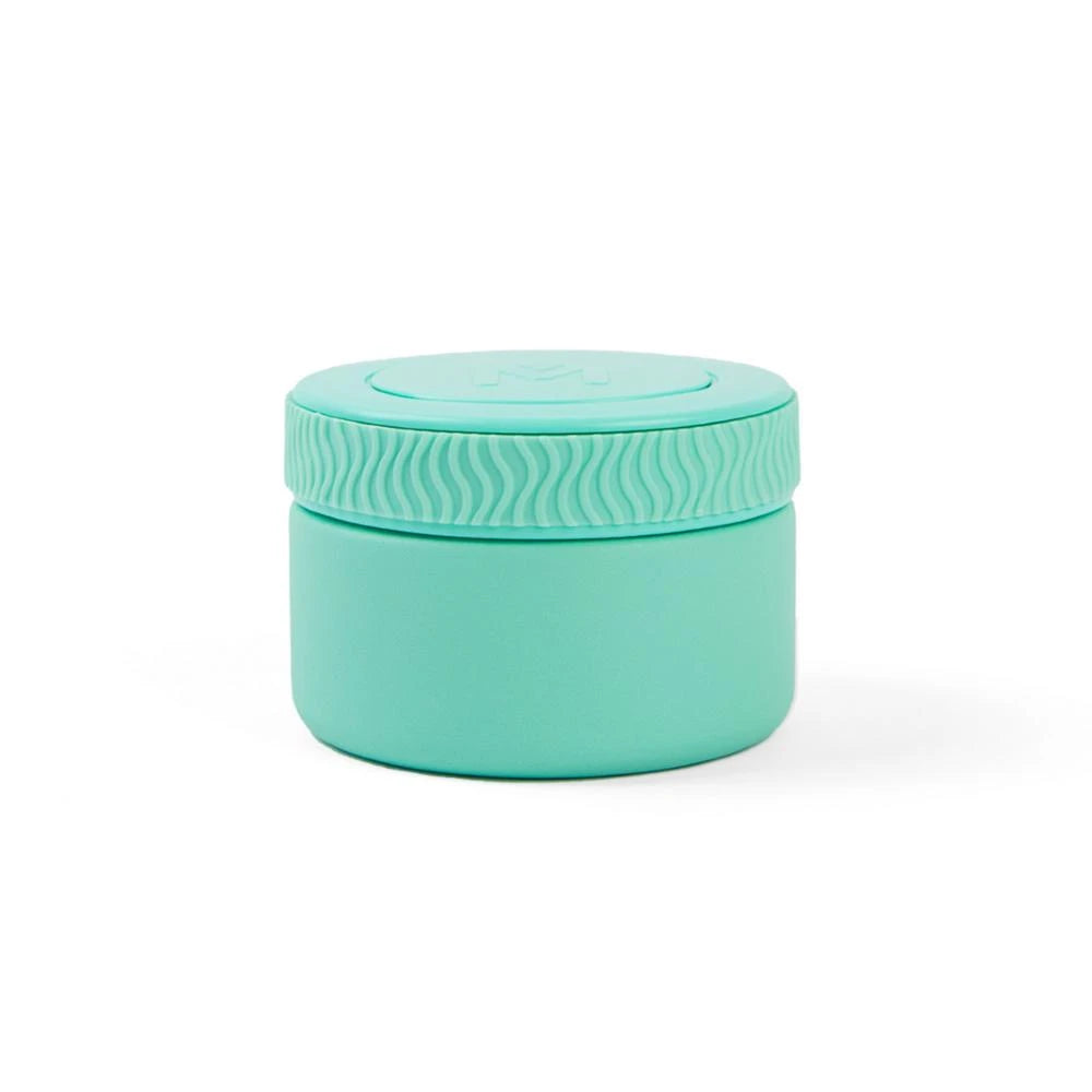 Mint green insulated jar against a white background