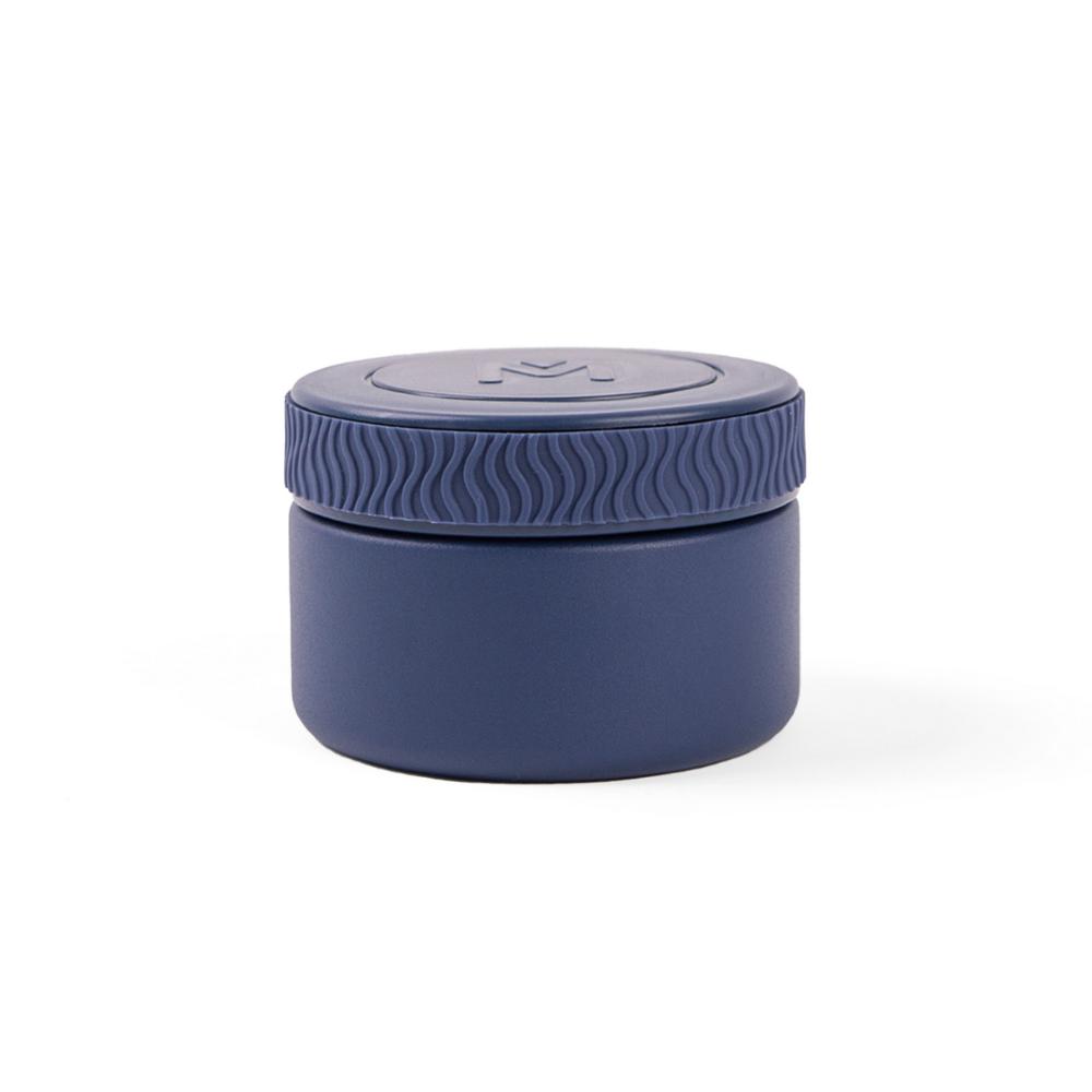 A small round blue container with a matching screw-top lid, shown on a clean white background.