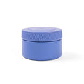 A small round blue insulated jar with a matching screw-top lid, photographed on a clean white background.