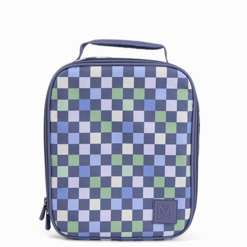 blue and green checkerboard Montiico insulated lunch bag