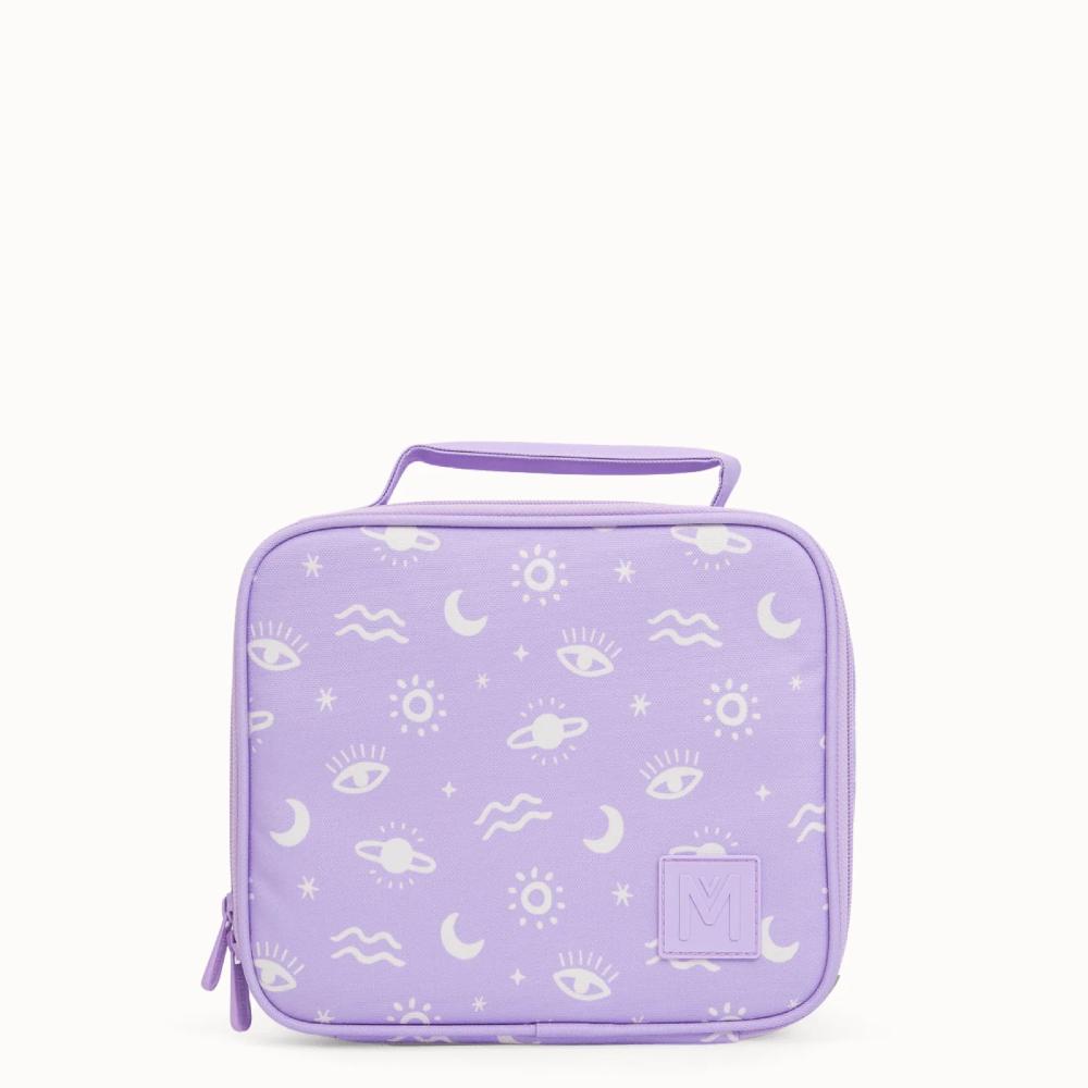 purple with space icons Montiico medium insulated lunch bag