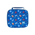 blue with superhero icons Montiico medium insulated lunch bag