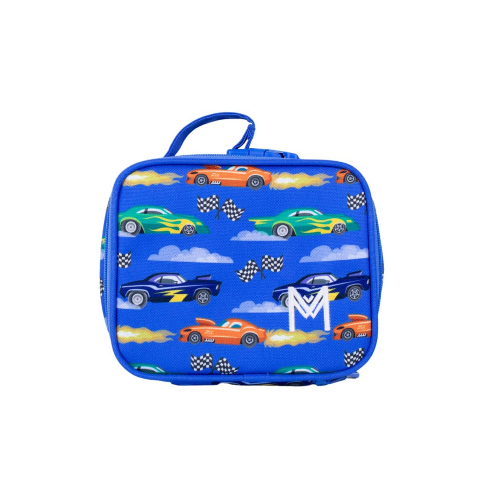blue with race cars Montiico mini insulated lunch bag