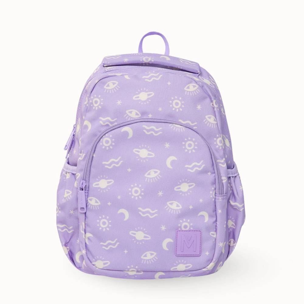 purple with space icons Montiico mini kids backpack
