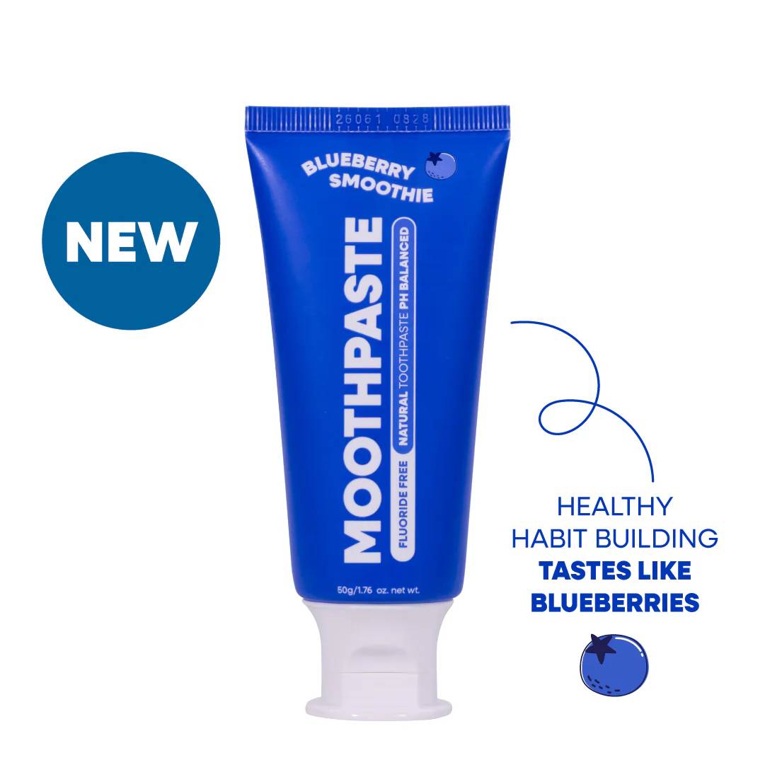 Blue tube of 'Moothpaste' blueberry smoothie flavor toothpaste with 'NEW' label on a white background.